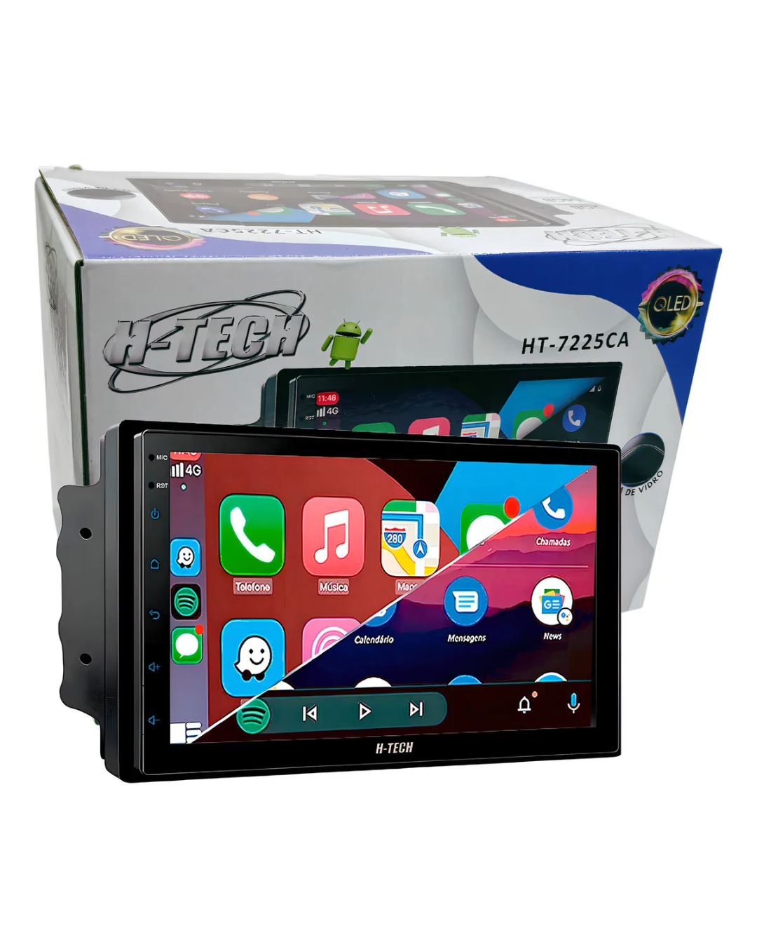 Multimidia H-Tech 7225CA - 2 DIN 7 QLED Android 13 4GB 64GB Carplay Auto sem fio + camera de re borboleta