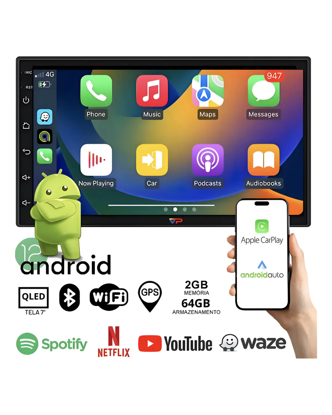 Multimidia H-Tech 7225CA - 2 DIN 7 QLED Android 13 4GB 64GB Carplay Auto sem fio + camera de re borboleta